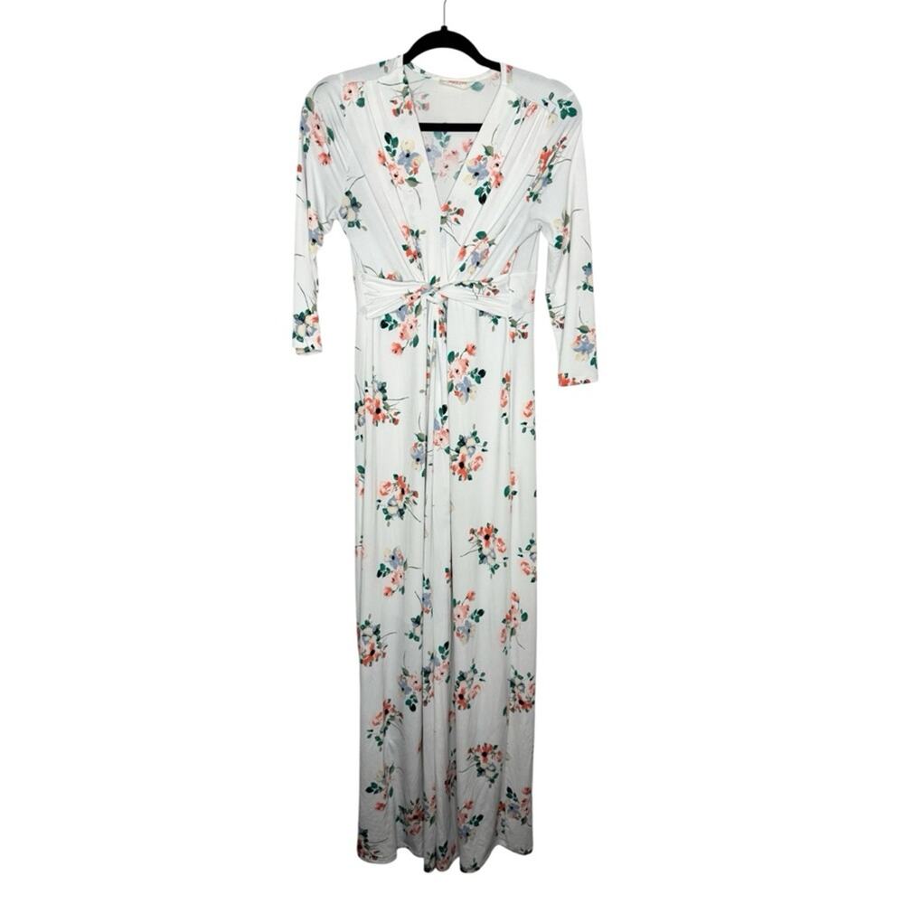 PEACH LOVE / white orange floral twist waist long sleeve maxi dress / M